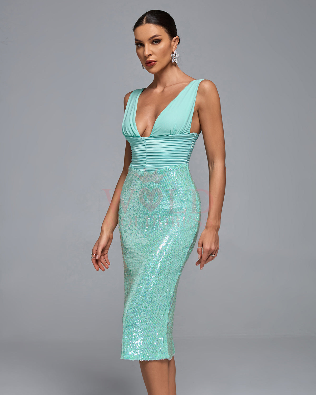 V Neck Sequin Corset Midi Bodycon Dress