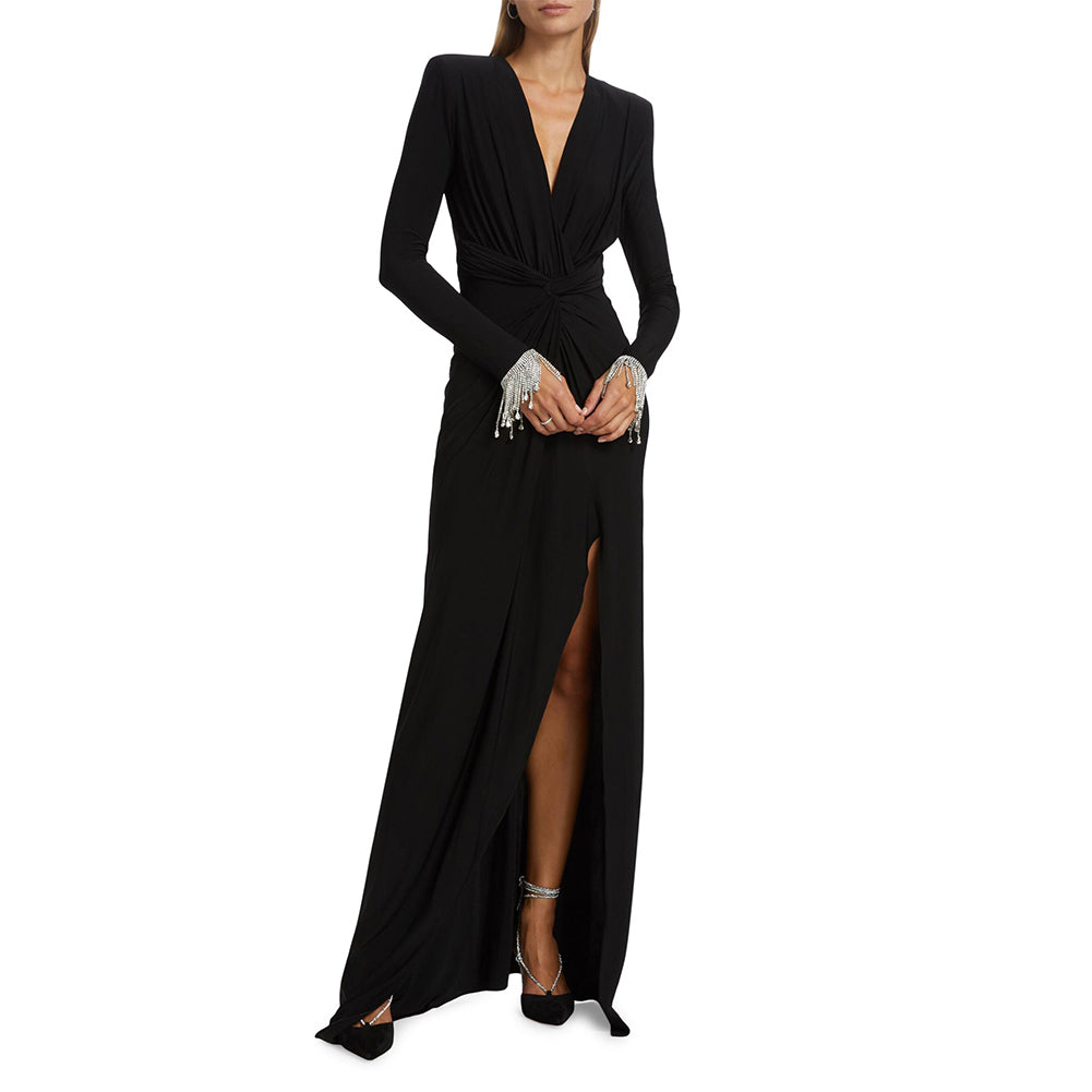 Black V Neck Long Sleeve Slit Maxi Dress