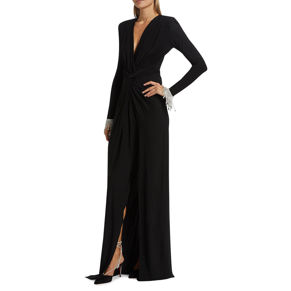 Black V Neck Long Sleeve Slit Maxi Dress