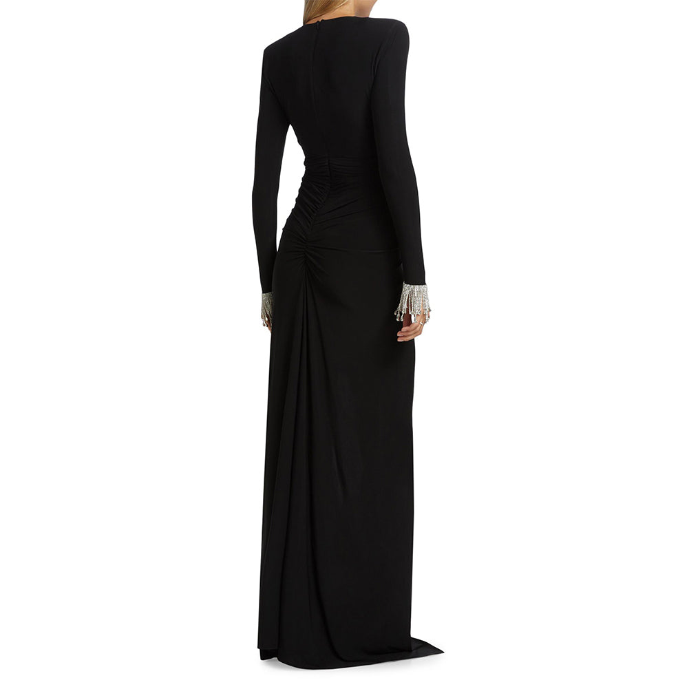 Black V Neck Long Sleeve Slit Maxi Dress