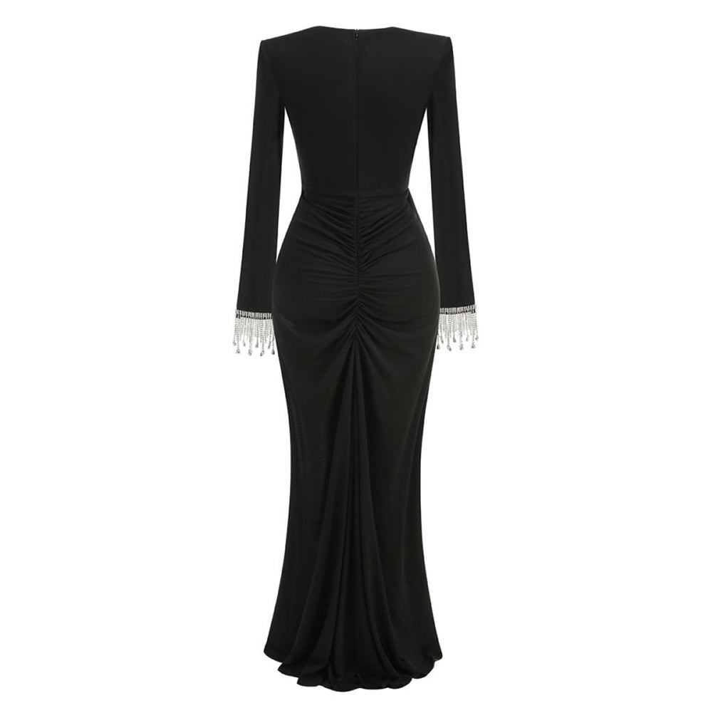 Black V Neck Long Sleeve Slit Maxi Dress