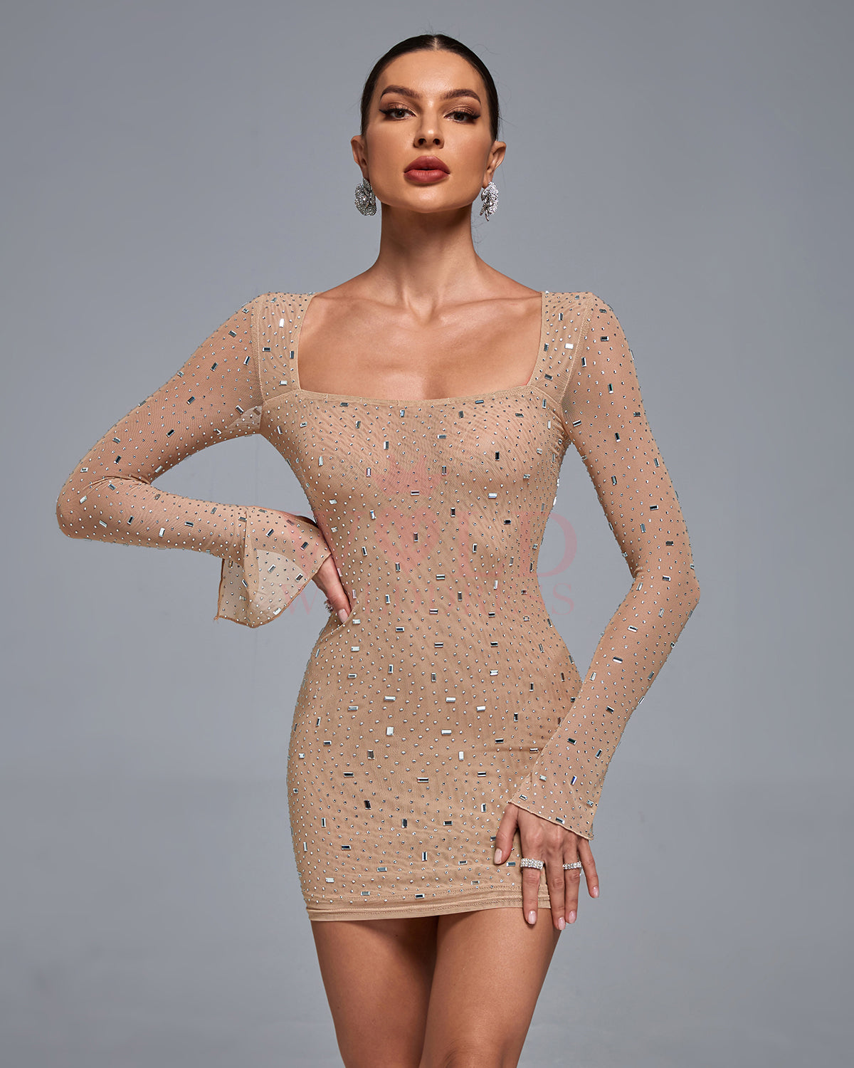 Square Neck Crystal Embellished Mini Dress