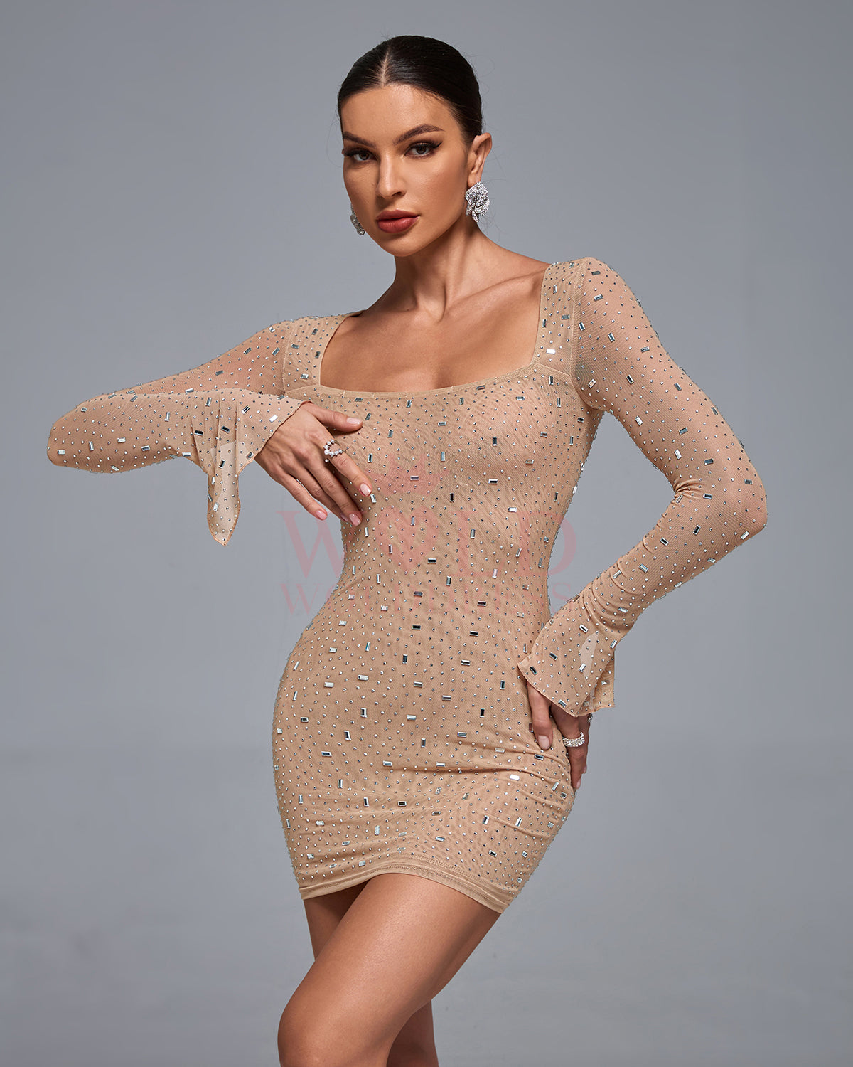 Square Neck Crystal Embellished Mini Dress