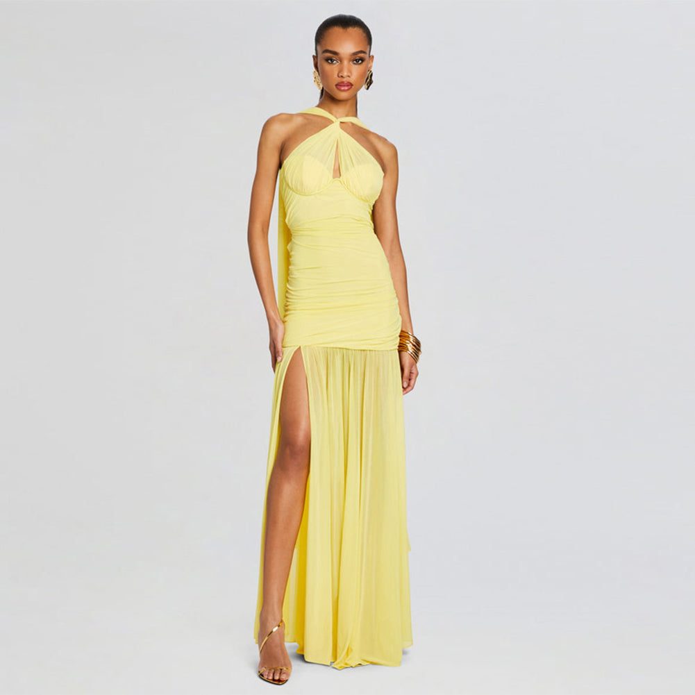 Yellow Halter Ruched Maxi Dress