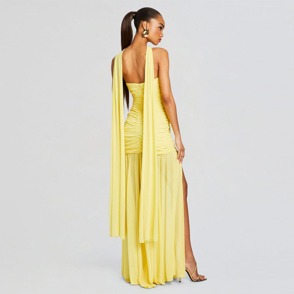 Yellow Halter Ruched Maxi Dress