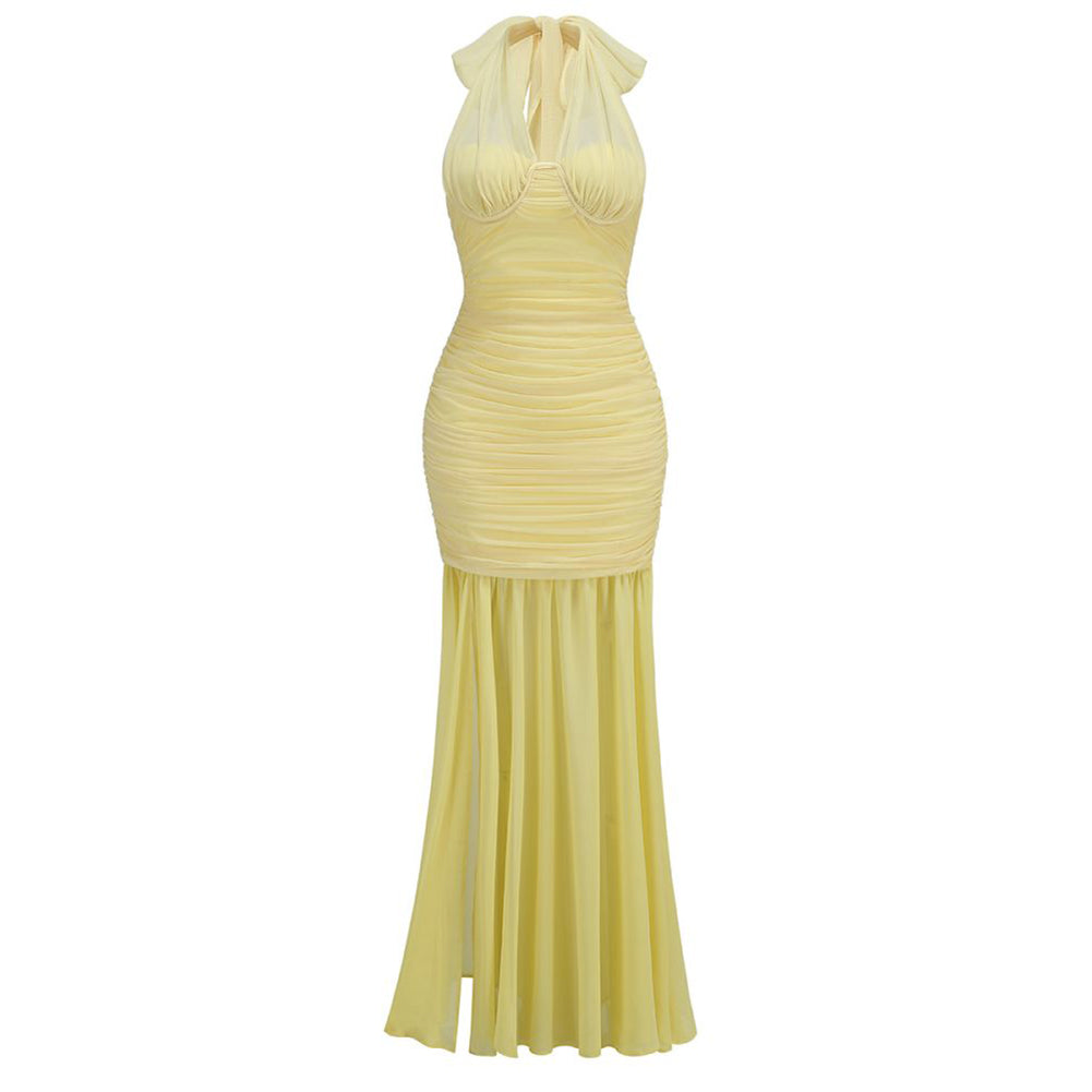 Yellow Halter Ruched Maxi Dress