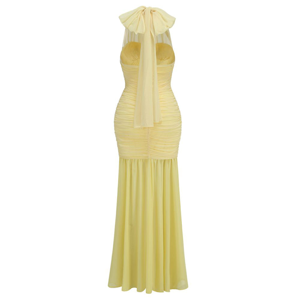 Yellow Halter Ruched Maxi Dress