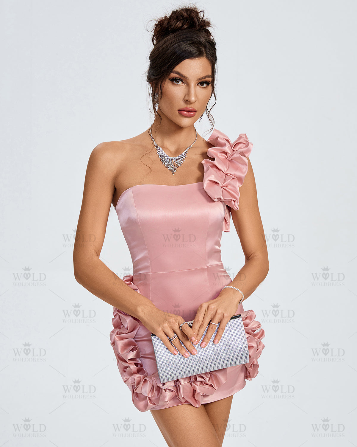 One Shoulder Ruffle Satin Mini Dress