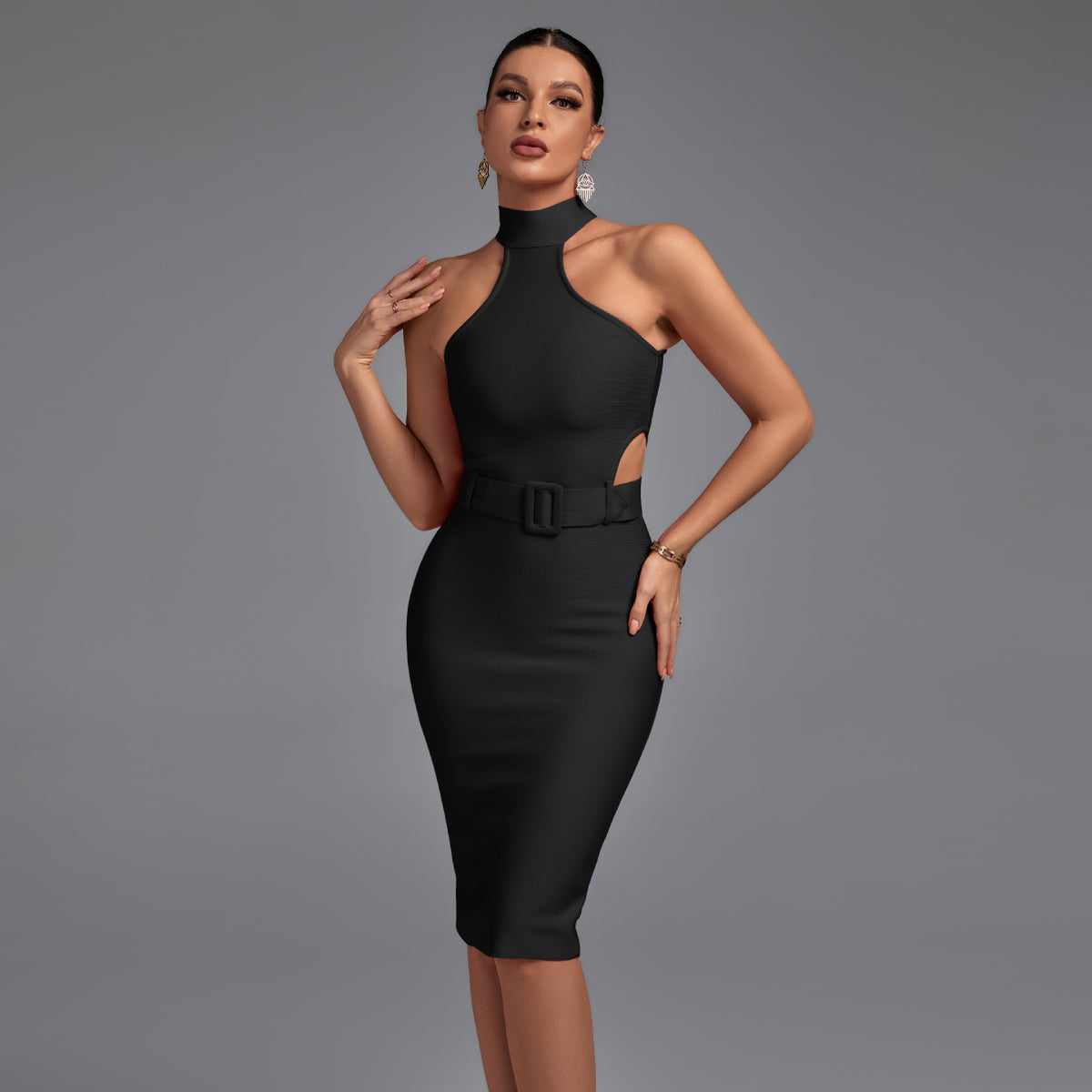 Sleeveless Over Knee Cut Out With Belt Bandage Dress | Wolddress