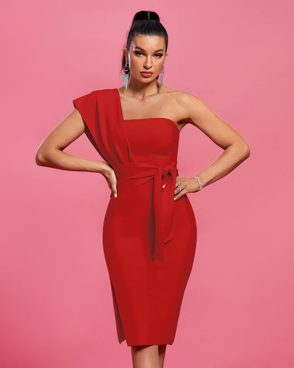 One Shoulder Belted Bandage Party Dress