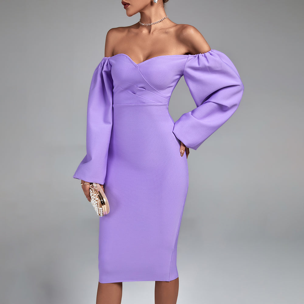 Purple Off Shoulder Long Sleeve Midi Bandage Dress | Wolddress