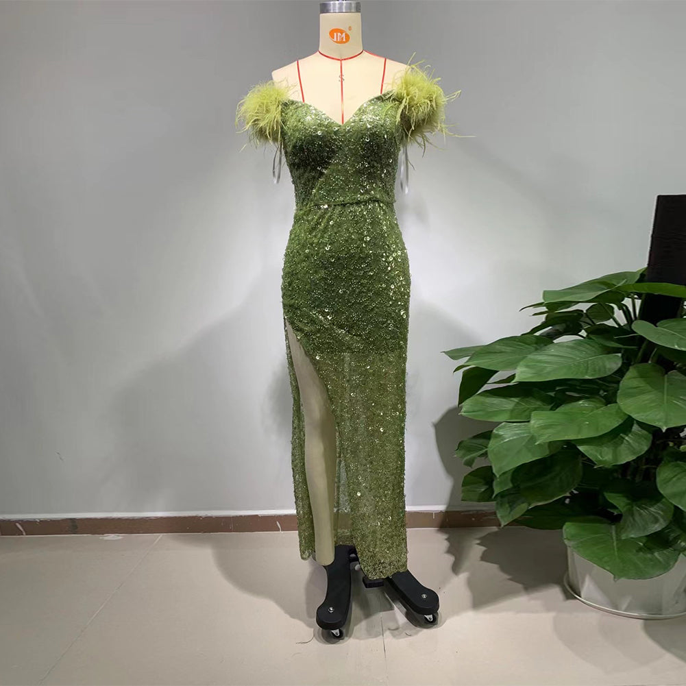 Sleeveless Sequins Feather Maxi Bodycon Dress Ht990 Wolddress