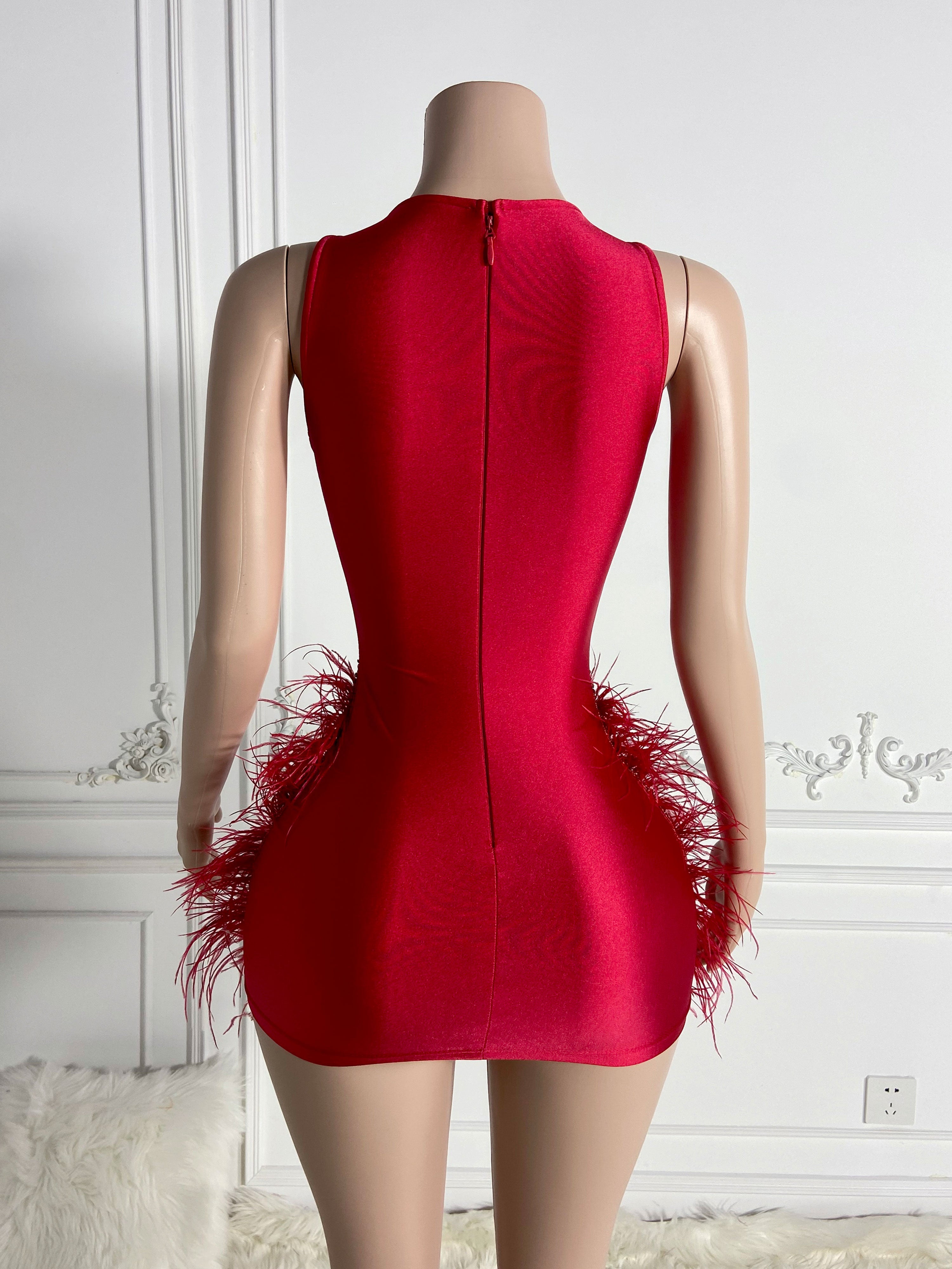 Red Stunner Feather Mini Dress